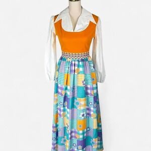 Vintage 1970s orange floral patchwork maxi dress